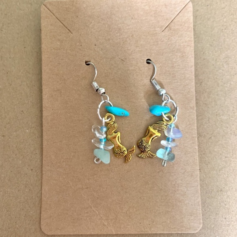 Elegant Gold and Blue Dangle Earrings with Mermaid and Delicate Bead Charms